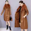 Black/Brown Color M-4XL Plus Size New Women Faux Leather Jacket for Winter Plus Velvet Warm Slim Big Fur Collar Long Leather Women's PU Leather Coat Female Snow Outerwear Winter Apparel Supplies