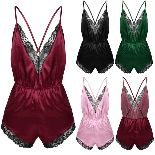Mens Sexy Lingerie Sissy Lace Trim Jumpsuit Underwear Satin V-neck Cross Criss Back Pajamas Sleepwear Nightwear