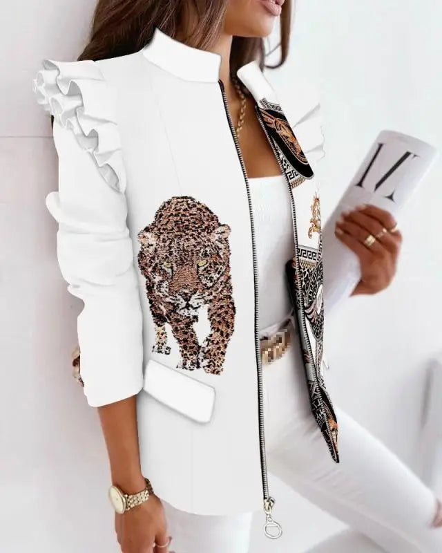 NEW Latest Fashion Design 8 Colors S-2XL Autumn Winter Spring Coats for Ladies Women  Ruffle Long Sleeve Zipper Office Lady Blazer Jackets Ladies Apparel Accessories