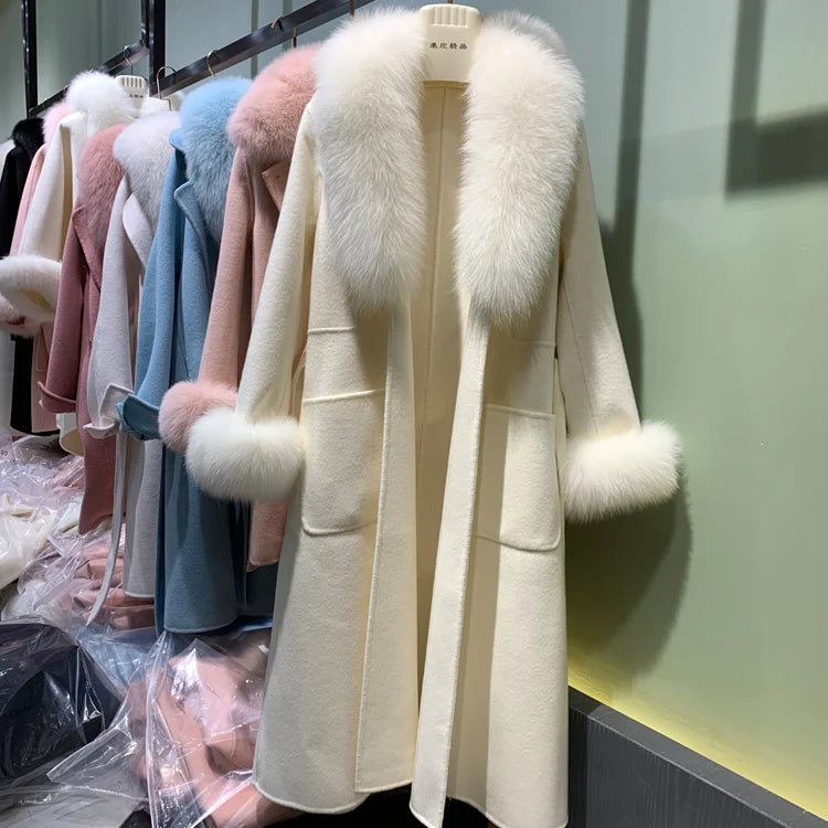 Boutique Gala HOT SALE S-4XL Plus Size Winter Warm Alpaca Real Sheep Wool Long Coats Women Real Cashmere Wool Coat With Detachable Natural Fox Fur Collar Cuffs Outerwear Jackets Ladies Luxury Apparel Supplies