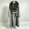 NEW  Autumn/Winter High-End Women's Luxury Thick Cashmere & Wool Material Long Coat Genuine Natural Fox-Fur Collar Extended Length Belt Lacing Slimming Effect Ladies Winter Apparel Clothing Supplies
