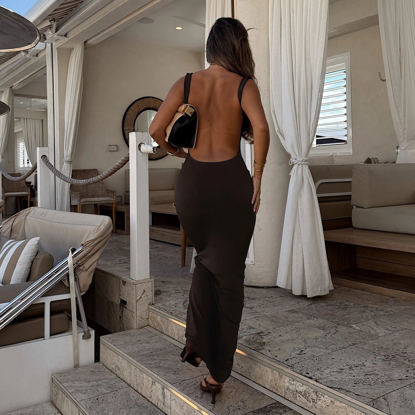 NEW Women's Sexy Draped Neck Square Neck Sleeveless Backless Slim Fishtail Dress Sexy Elegant Vacation Evening Beach Party Simple Solid Color Floor-Length Night Clubwear Maxi Dress