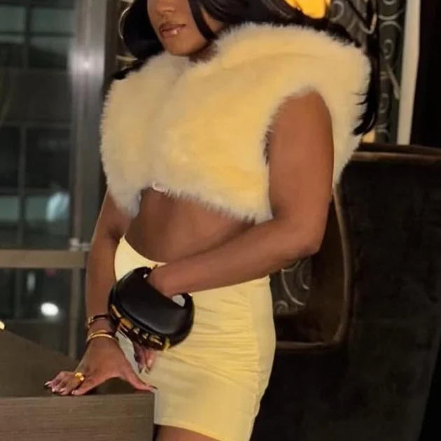 Black/Yellow/Purple Color Women's Fashion Solid-Color Fur Zipper Hooded Sleeveless Crop Top Short Vest  Fashion Women Streetwear Casual Apparel Accessories