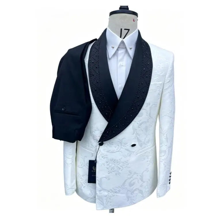 2 PCS Set New Men's Elegant Light Luxury Jacquard Hot Diamond Green Fruit Collar Wedding Groom Guest Best Man Suits for Men Fashion Evening Business Dinner Party Prom Men Formal Apparel Clothing Supplies