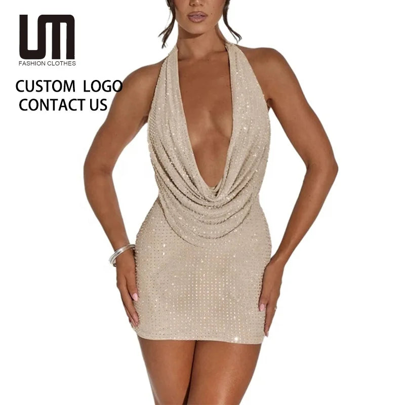 New Arrivals Black/Khaki Color Women Glitter Shiny Gowns Halter V-Neck Glitter Backless Evening Mini Dress Y2K Style Diamond Decoration Digital Printing Evening Party Night Clubwear Prom Sexy Mini Dress