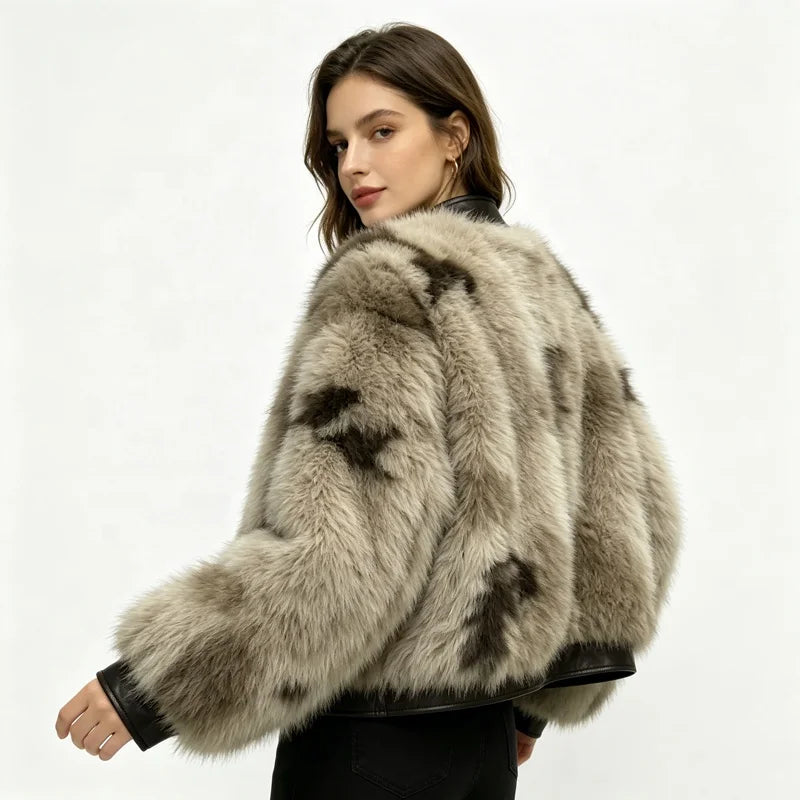 NEW Arrivals Women's Faux Fox Fur Bomber Jacket PU Leather Trim Short Cropped Winter Warm Fluffy Coat Casual Outerwear Women's Faux Fur Coats