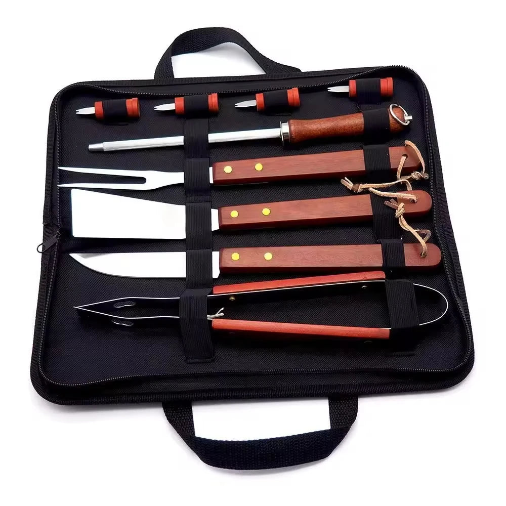 10 PCS Set Rotisserie Outdoor Picnic Courtyard BBQ Camping Grills Accessory Tool Kit Oxford Fabric Case Includes Metal Wooden Handle Barbecue Cooking Accessories