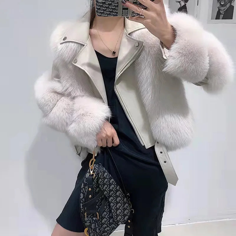 5 Colors Women High Level  Real Fox Fur Coat Sheepskin Leather  New Fashion  Winter Natural Evening Party Luxury Formal Clothes Women Outerwear Short Jackets