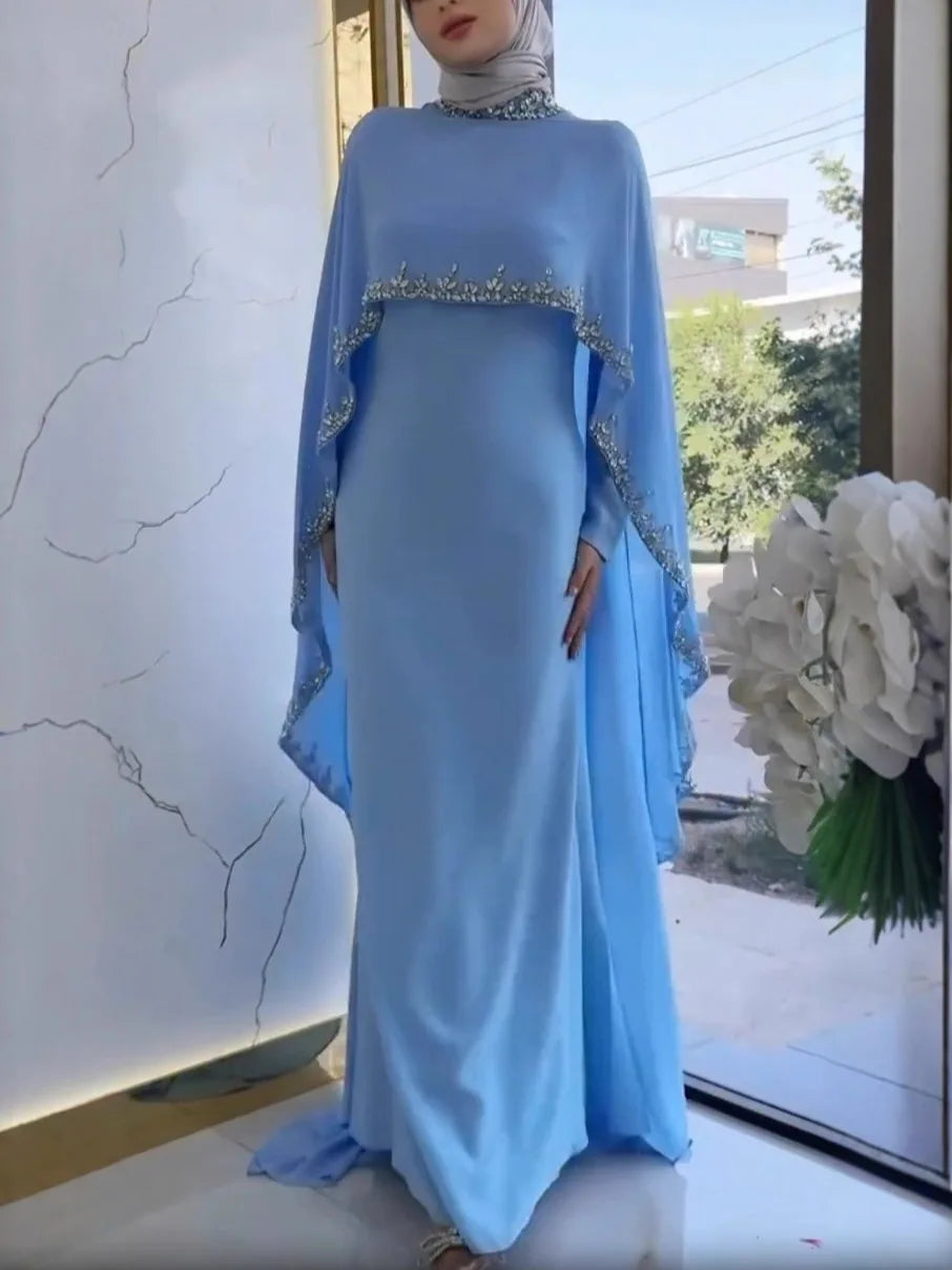 5 Colors Xs-2XL Plus Size Y20 Ramadan Eid Dubai Kaftan Islam Luxury Handmade Shiny Wedding Guest  Party Dresses Rhinestone Neck Elegant Cape Muslim Women Winter Gowns