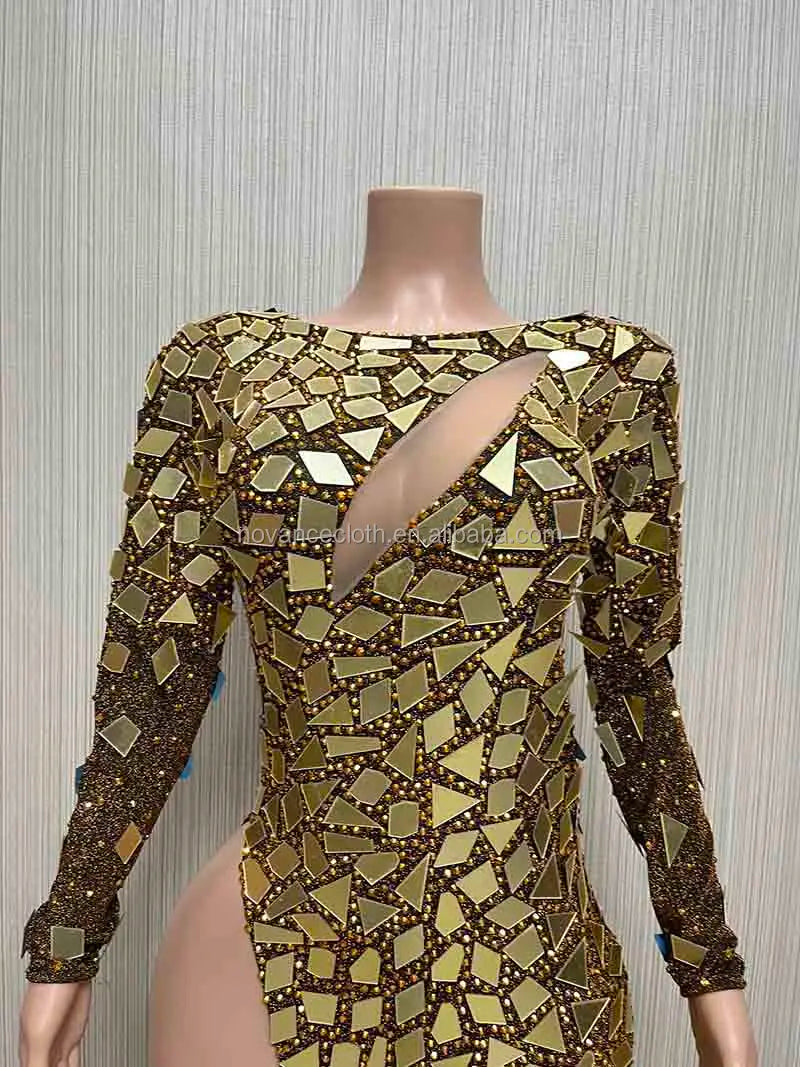 Luxury Mirror Glitter  Women  New Sexy High Slit Glittering Mirror Sequins Gold Dress Autumn Winter Spring Woman Dresses With Long Elegant Sweep Train Night Clubwear Prom Evening Party Luxury Maxi Gown