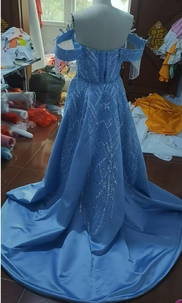 Mother of Bride S-3XL Plus Size Light Blue Satin Mermaid Wedding Dress | Luxury Off-Shoulder Full Sequin Beaded Bridal Gown with Train for Wedding Evening Party Prom Red Carpet Celebrities Luxury Gown
