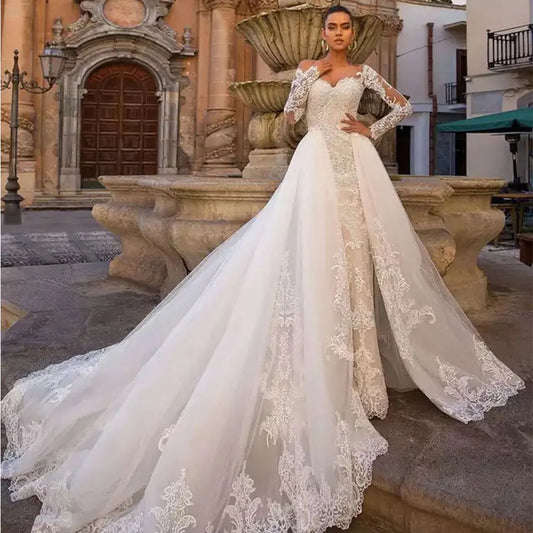 Boutique Gala HOT SALE 2 Types New Fashion Bride Luxury Wedding Dress Pure White/Ivory Color Long Sleeve Spring Lace Bridal Evening Prom Party Gown Backless Mermaid Chapel & Sweep Train Wedding Dress