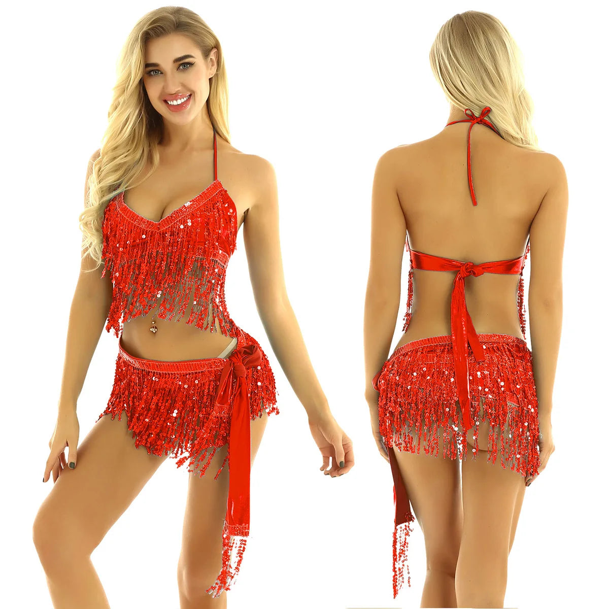 NEW Arrivals 9 Colors Women Shiny Sequins Tassels Carnival Rave Performance Belly Dance Costume Halter Bra Tops with Hip Scarf Wrap Skirt Set Ballroom Competition Dancing Dresses