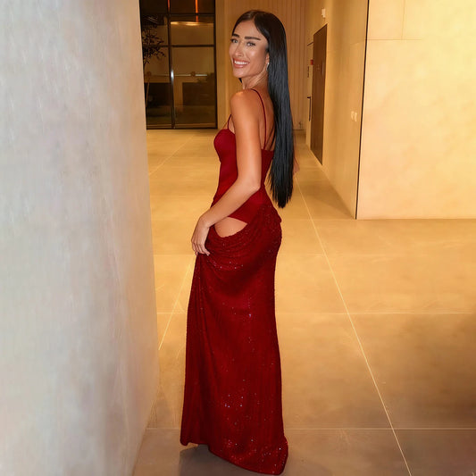 Black/Red Color Asymmetrical Sequined Patchwork Halter Corset-Style Bodysuit Dress with Cutout Waist Design, Elegant Slim-Fit Long Dress for Chic Casual Evening Beach Party Night Clubwear Maxi Dress