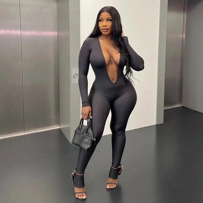 New Spring/Fall Sexy Solid Color Stretch Backless Deep V-Neck Slim Long Sleeve One Pieces Jumpsuit Bodysuit Evening Party Night Clubwear Sexy Jumpsuit Women Sexy Apparel Accessories Clothing Supplies