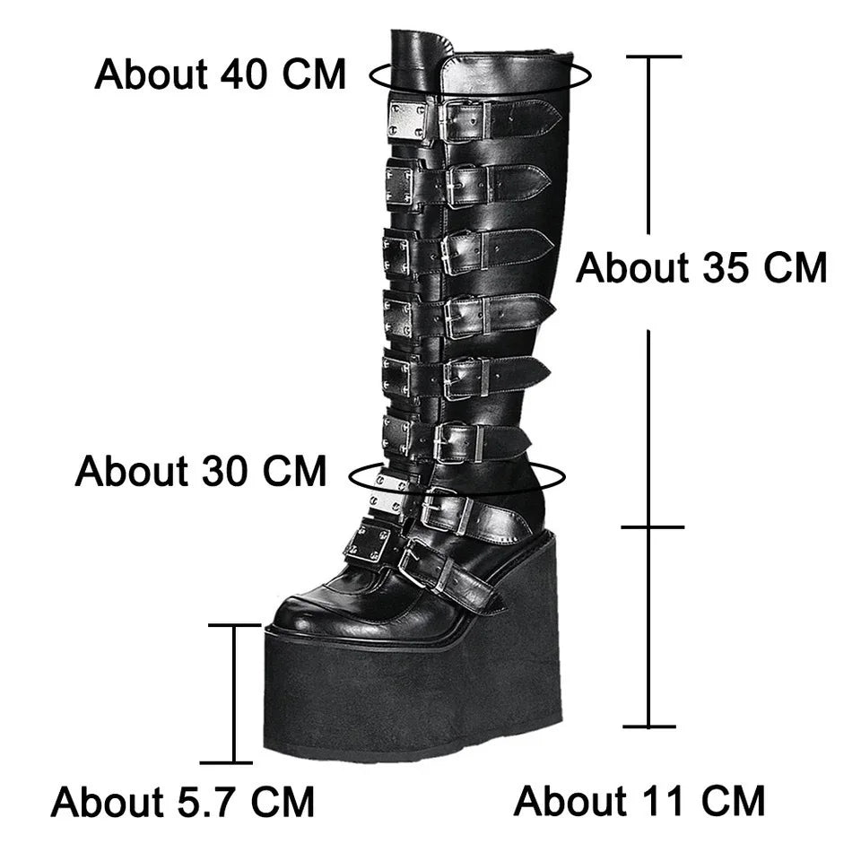 Female Fashion Metal Gothic Platform Boots Punk Cosplay Wedges High Heels Women Knee High Boots Stree Shoes Woman