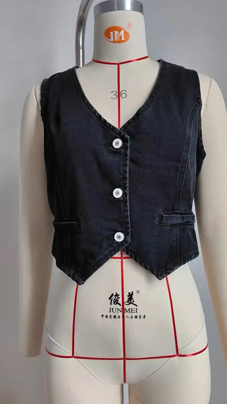 Black/Blue Color Women's Sexy High Quality Sleeveless Button-Up Cropped Washed Knitted Denim Fabric Casual Outerwear Women's Vest Spring Summer Jean Tops Streetwear Casual Clothing Supplies