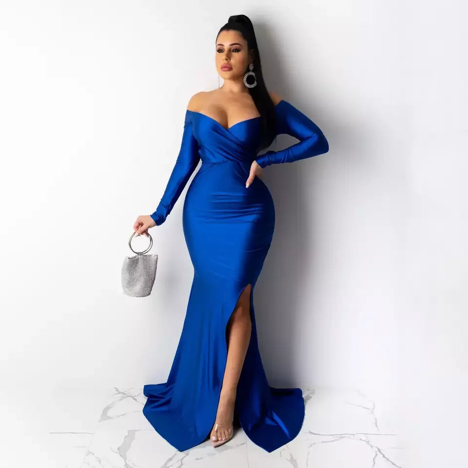 New Arrival S-2XL Women Luxury Gowns Wedding Guest Bridesmaid Evening Dresses High Slit Long Sleeve V-Neck Maxi Dress Ladies Long Party Dresses Women Luxury Apparel Supplies