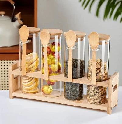 4-8 PCS + Bamboo Spoons Set Wide Mouth Glass Airtight Lid Spice Coffee Containers Glass Tea Canister Set Food Storage  Home Cooking Tools Sets Kitchenware Supplies