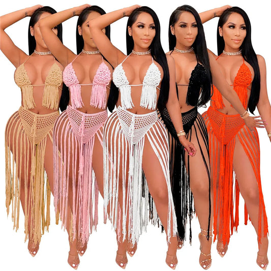 NEW 2PCS Set 5 Colors Sexy Knitted  Swimwear Women Backless Crop Top and Tassel Long Skirts Sets Summer Beach Vacation Party Club Outfits