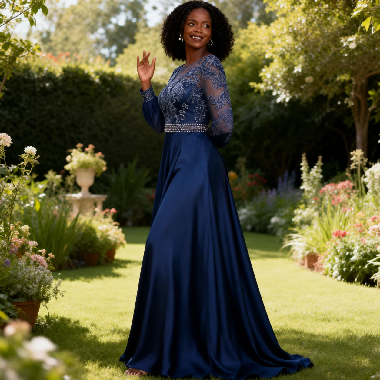 Mother of Bride Customizable Color Luxury Elegant Long Sleeve Elastic Satin Wedding Party Dresses Opera Concerts Celebrities Red Carpet Long Dress with Embroidered Lace and Beaded Waist Ladies Luxury Apparel Supplies