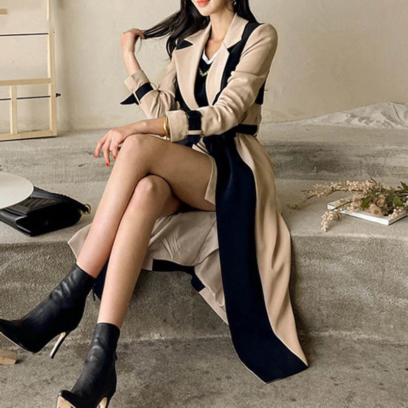 Elegant Notched Collar Lady Patchwork Windbreaker Full Sleeve Buttons Belted Women Long Trench Coats Winter 2W1922
