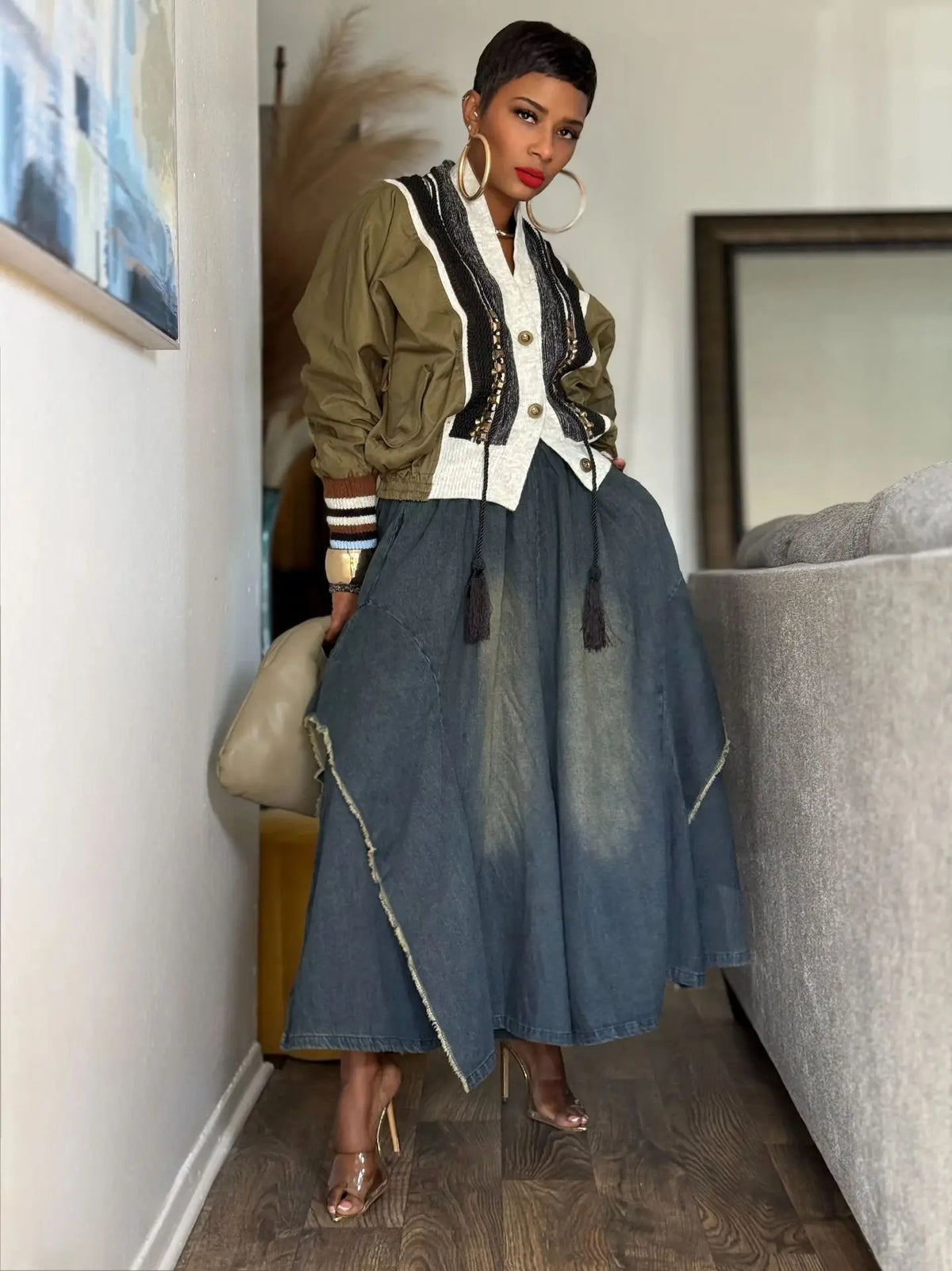 S-3XL Plus Size Women's New High Waist Raw-Edge Retro Wide-Leg Loose Denim Jeans Skirts  Autumn Winter Spring Quick Dry Girls Casual Streetwear Apparel Accessories