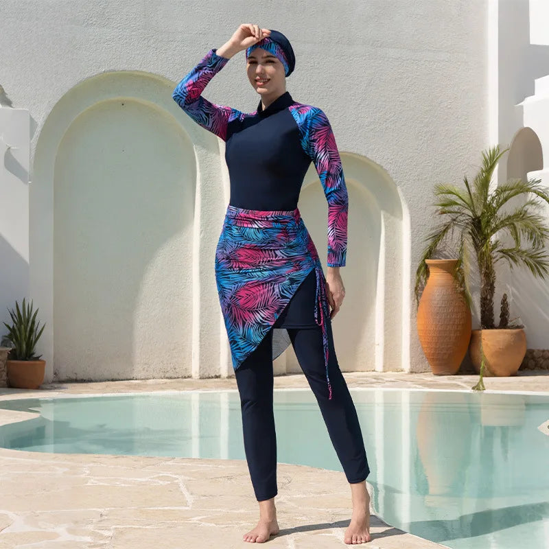 NEW Arrivals 4 PCS Set  Two Colors Print Arabic Islamic Women Swimming Suit Modest Muslim Swimwear Popular Islamic Swimsuit With Hijah Xs-XXL Beachwear Swimming Pool Set Muslim Ladies Bathing Clothing Supplies