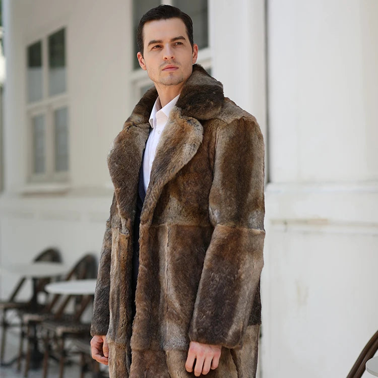 BEST PRICE Gray/Brown Color S-XL  Men's Real Natural Mink Fur Long Coat With Lapel Men's Rabbit Fur Coat Christmas Gift for Husband Lover Boyfriend Gentleman Winter Luxury Apparel Supplies