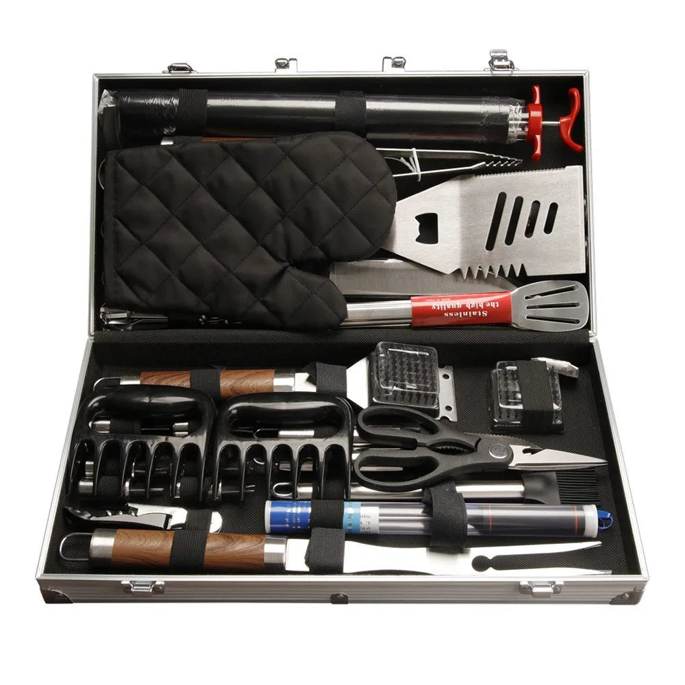 38 PCS Set Stainless Steel BBQ Camping Grill Tool Set with Wooden Handles and Skewers Aluminum Box for Outdoor Picnic & Baking Cooking Tools Sets