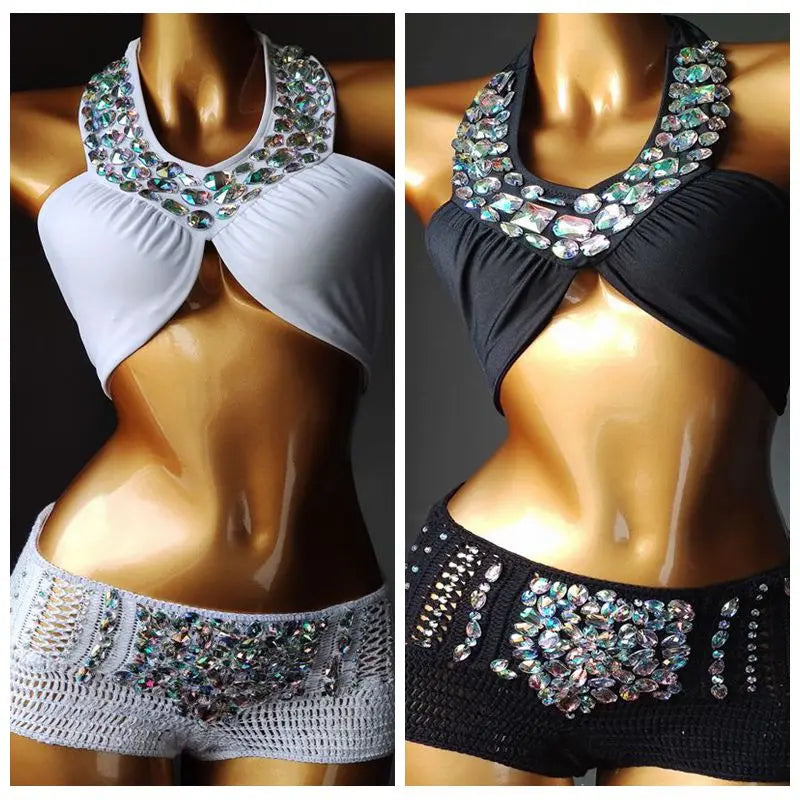 Sexy Bikini Set Diamond Rhinestone Swimwear Push Up Handmade Crochet Bathing Suit High Waist Swimsuit