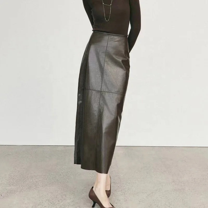 Boutique Gala HOT SALE 100% Real Suede Leather Women Maxi Length Brown/Black Color Leather Skirt Genuine Leather Autumn Spring Summer Office Lady Leather Skirt Ladies Luxury Apparel Accessories