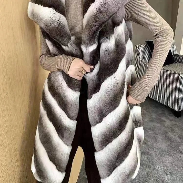 New Arrivals S-5XL Plus Size Women Natural Rex Rabbit Chinchilla Mink Fur Long Vest Winter Fur Coat Luxury Fashion Fur Waistcoat Overcoat Outerwear Ladies Luxury Apparel Supplies