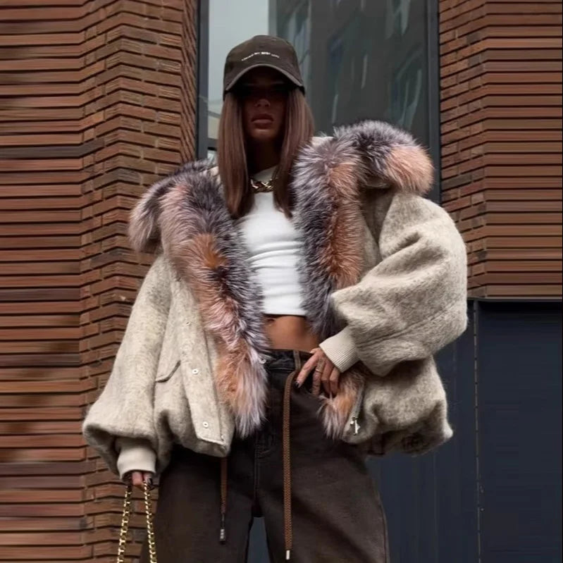 TikTok Most Popular 15 Colors Top Quality Unique Winter Luxurious Cashmere Loose Puffer Bomber Jacket Goose Down Jacket with Natural Red Silver Fox Fur Coat Girls Outerwear Jackets Women Winter Apparel Supplies