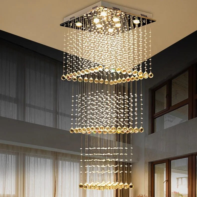 HOT SALE Villa Home Italian Design Art Decoration Modern K9 Crystal Pendant Lights with Tassel Square Ceiling Light Suitable for Customized Design of Villas Staircases Hotels Living Room Long Luxury Chandelier