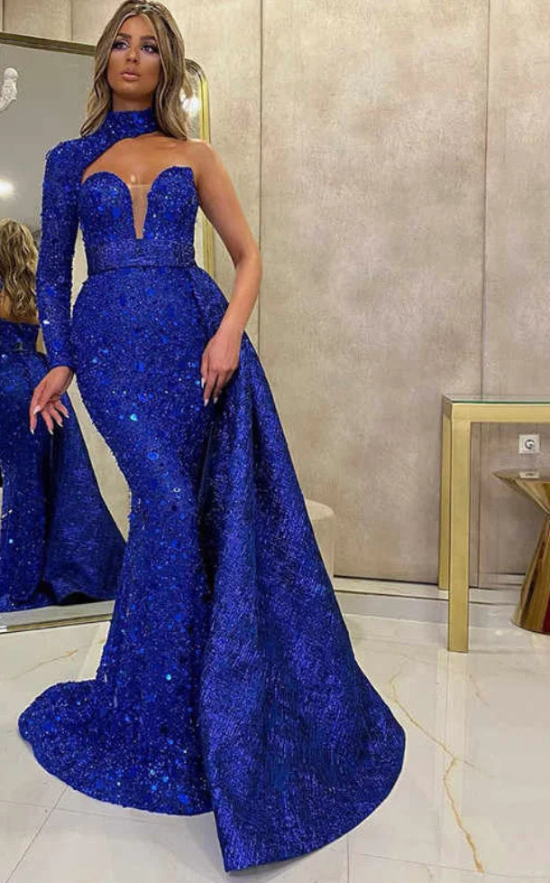 Mother of Bride Royal Blue/Red Color S-3XL Plus Sie Curvy Women's Long Sleeve Elegant Wedding Evening Party Ball Gown Autumn Winter Collection Empire Waistline Floor-Length Bodycon Dress Celebrities Red Carpet Ladies Luxury A