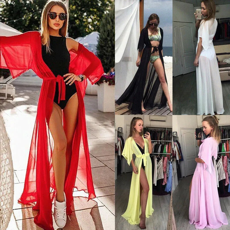 Summer Lady Beach Cover Up Sexy Bikini Chiffon Long Dress For Women Solid Beach Dress Women Bathing Suit Beach Tunic Kaftan