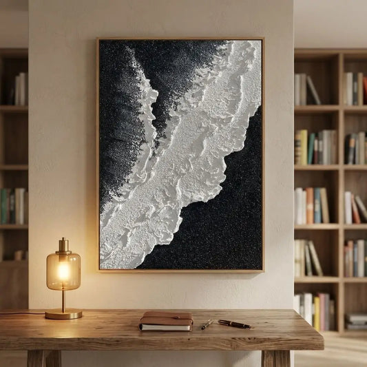 100% Hand-Painted Villa Home Living Room Art Creative Decoration Large Size 90cm x 130cm Black and White Ocean Waves  3D Texture Paint  Modern Acrylic Canvas Frame Home Art Gallery Decoration Supplies