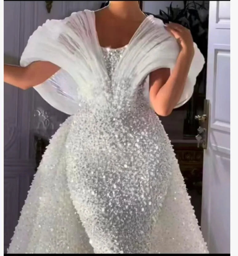 Mother of Bride Autumn Spring Luxury White Sculpted Shoulder Beaded Mermaid Gown Dramatic Pearl Wedding Dress for Red Carpet & Formal Events Celebrities Gown Ladies Luxury Clothing Supplies