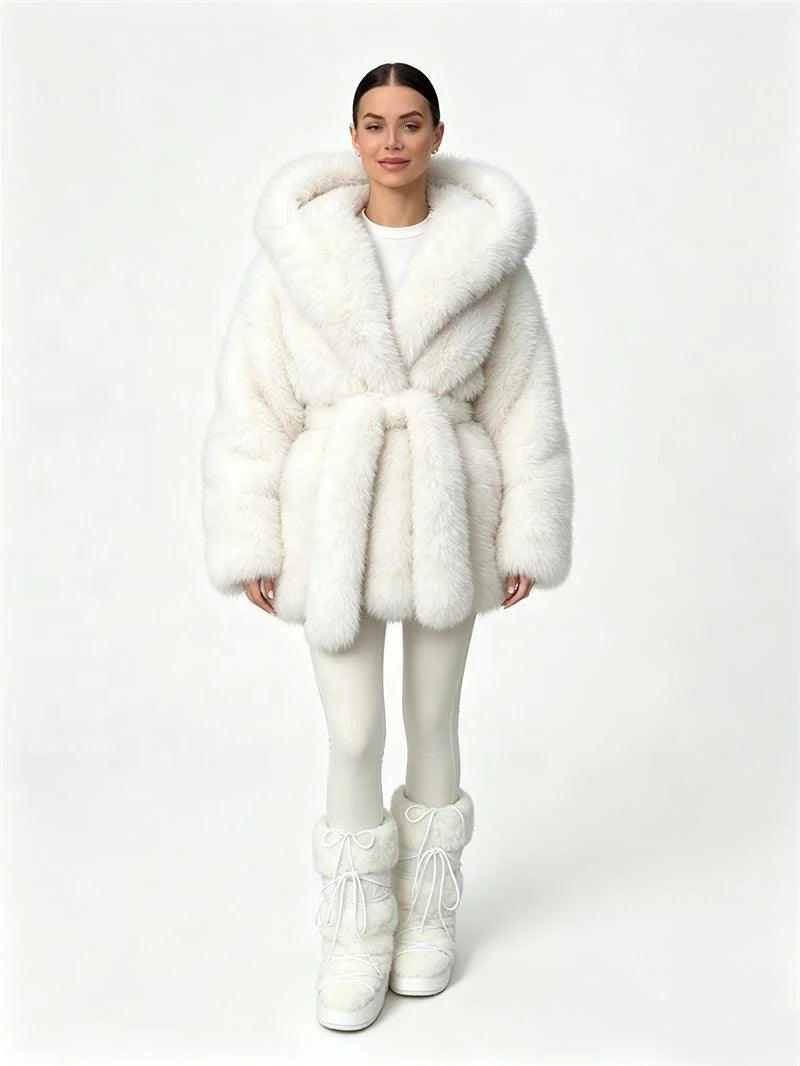 White/Dark Brown/Black Color S-3XL Plus Size Women Top Quality Hooded Artificial Fur Jacket Oversized Fur Collar Belted Waist Winter Warm Fluffy Mid-Length Coats Women's Faux Fur Coats Women Winter Apparel Supplies