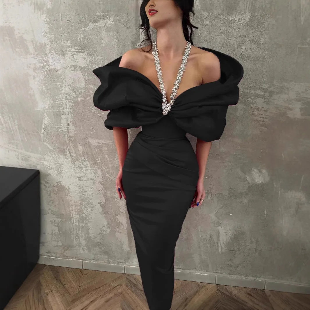Boutique HOT SALE 5 Colors Women Sexy Striking Black Shoulder Evening Party Wedding Guest Clubwear Prom Ball Gown Celebrities Red Carpet Crafted From Smooth Structured Satin Voluminous Ruffled Sleeves Drape Ladies Luxury Appa