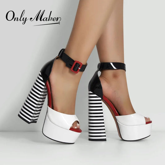 Women High Heels Shoes Sandals Platform Peep Toe Chunky Square Heels Ankle Strap Sandals Black And White Stripes Party Fashion Shoes