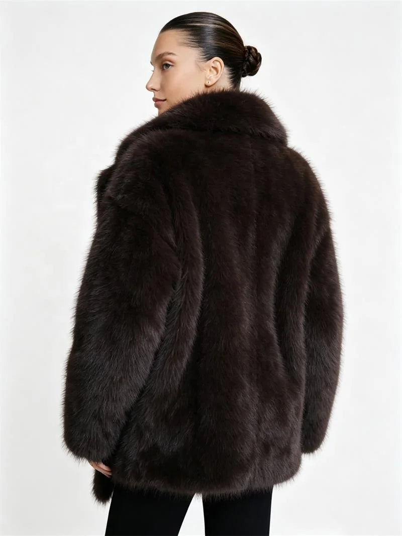 Apricot/Black/Dark Brown Color S-4XL Plus Size Women's Winter Warm  Artificial Fox Fur Coat Oversized Wide Notched Lapel Matching Belted Waist Mid Length Thick Warm Winter Outerwear Jackets Ladies Winter Clothing Supplies
