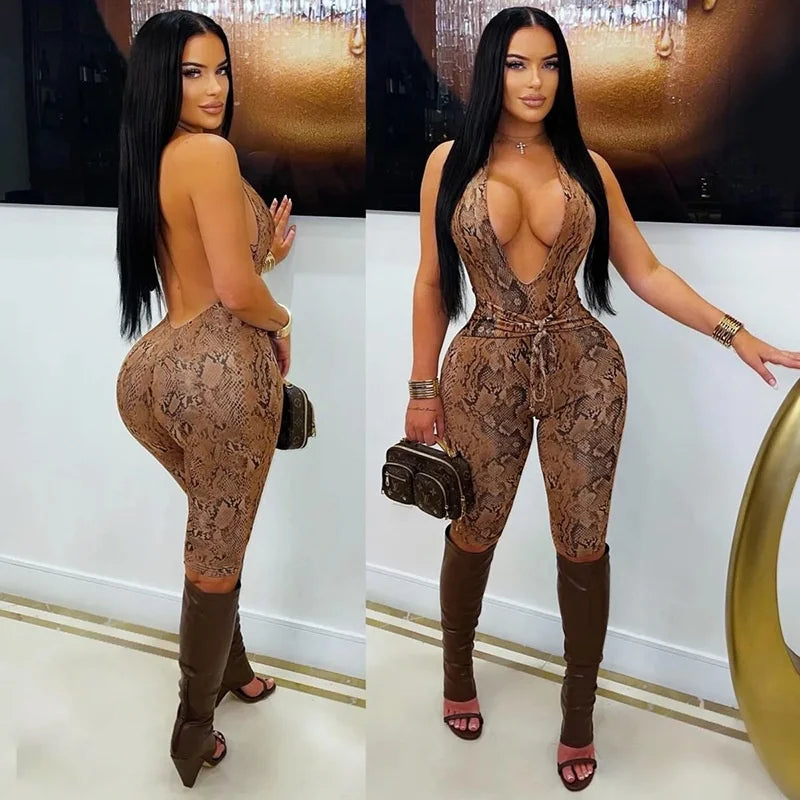 New Spring Summer Sexy Backless Jumpsuit for Women Halter Neck Deep V Snakeskin  Print Shorts Playsuit Women Sexy Apparel Accessories