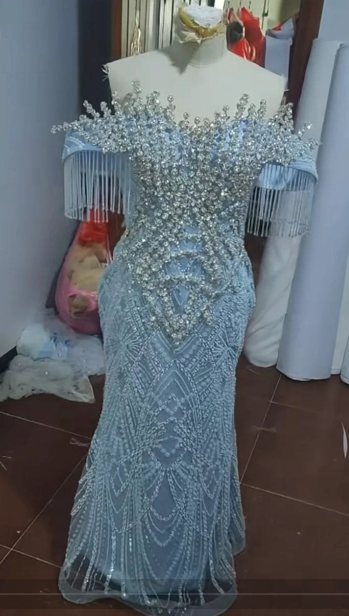 Mother of Bride S-3XL Plus Size Light Blue Satin Mermaid Wedding Dress | Luxury Off-Shoulder Full Sequin Beaded Bridal Gown with Train for Wedding Evening Party Prom Red Carpet Celebrities Luxury Gown