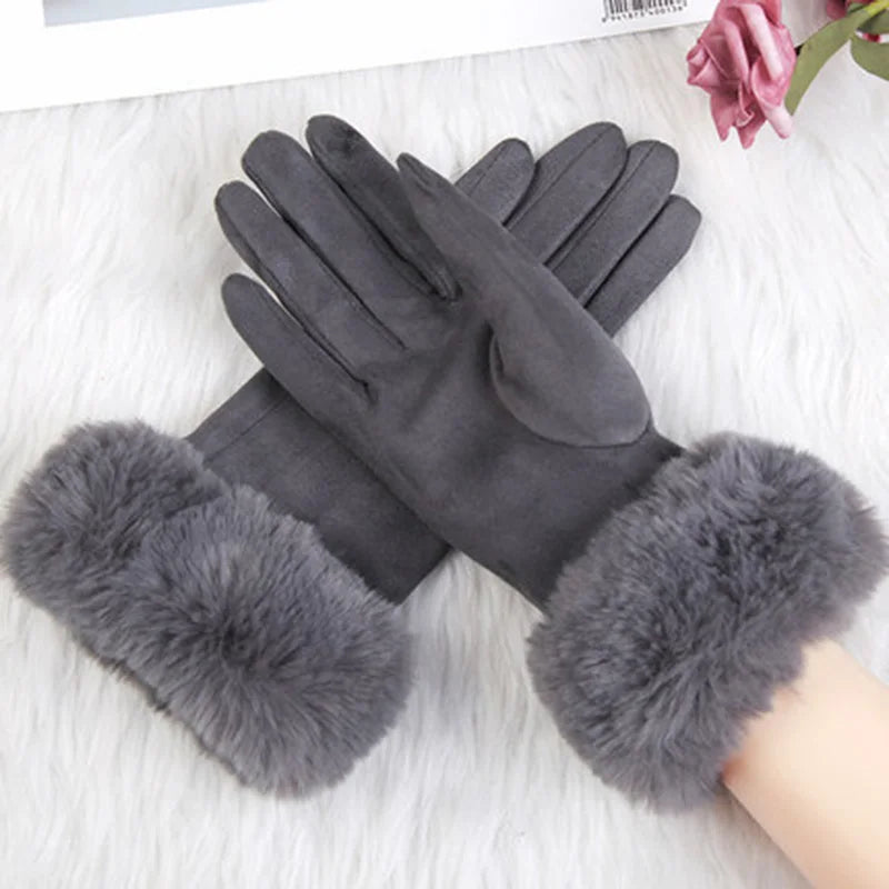NEW Arrivals 18 Colors Women Faux Rabbit Fur Wrist Suede Leather Touch Screen Driving Glove Winter Warm Plush Thick Full Finger Cycling Black Mitten H92 Women Ladies Luxury Fashion Apparel Accessories