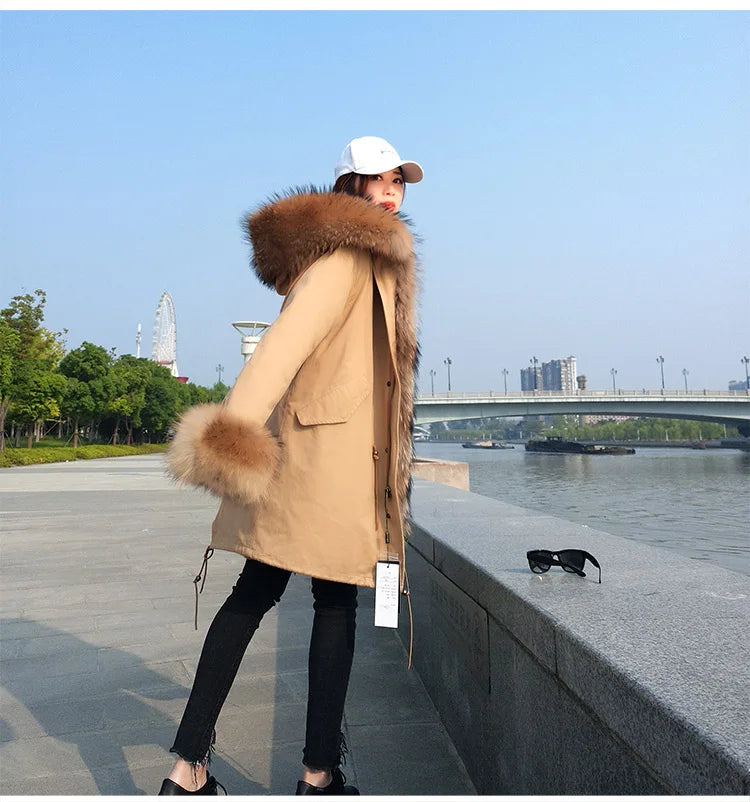 12 Colors S-2XL 100% Real Rex Rabbit Fur Mid Jacket & Big Raccoon Fur Collar Coat Natural Rabbit Fur Lined Long Parka Coat Snow Boots Outerwear Windproof Jackets Ladies Winter Clothing Supplies