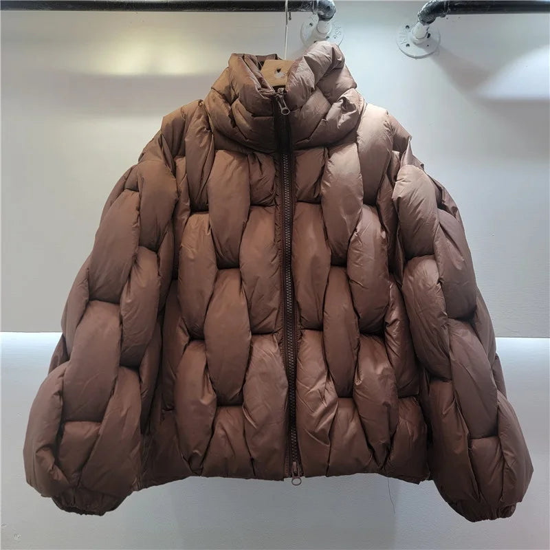 Brown/Black/Khaki Color Unique Knit Design Casual Stand Loose Thick Women Down Windbreaker Coat Custom Size Simple Winter Women's Coats Snow Outerwear Jackets Women Winter Apparel Accessories