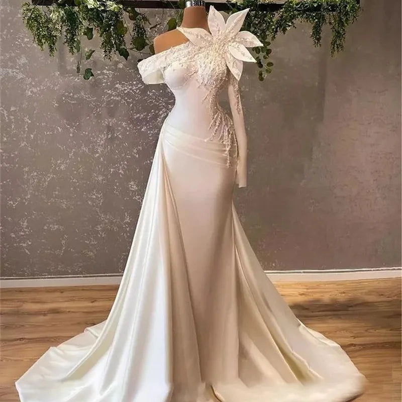 Low Price Sales are Limited Boutique HOT SALE  Luxury Beaded Illusion Bride Wedding Dresses  One Shoulder Bridal Wedding Gowns Lace Detachable Train Long