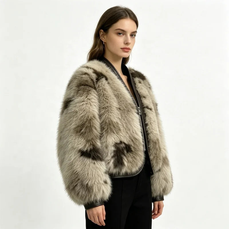 NEW Arrivals Women's Faux Fox Fur Bomber Jacket PU Leather Trim Short Cropped Winter Warm Fluffy Coat Casual Outerwear Women's Faux Fur Coats